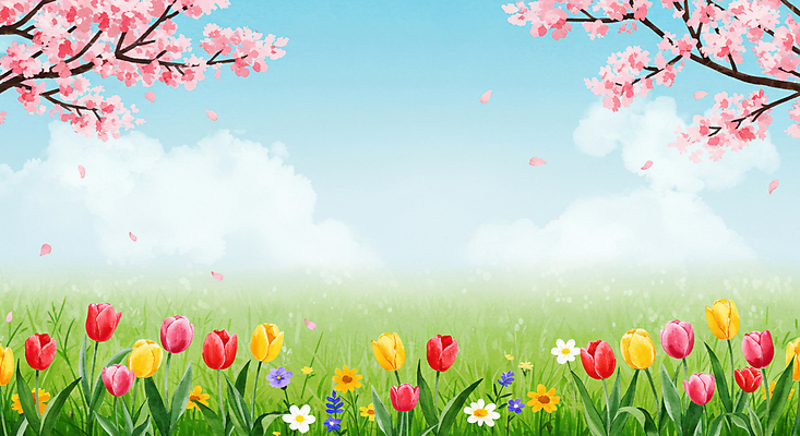 JPG 구름 꽃잎 꽃밭 일러스트 하늘 잔디 사람없음 봄풍경 들꽃 튤립 벚나무 흩날리기 국내일러스트 AI일러스트 AI콘텐츠 자연요소 나무 식물 꽃 모션 풍경 봄 벚꽃 파일형식