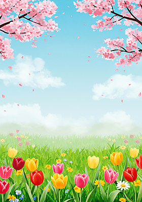 JPG 구름 꽃잎 꽃밭 일러스트 하늘 잔디 사람없음 봄풍경 들꽃 튤립 벚나무 흩날리기 국내일러스트 AI일러스트 AI콘텐츠 자연요소 나무 식물 꽃 모션 풍경 봄 벚꽃 파일형식