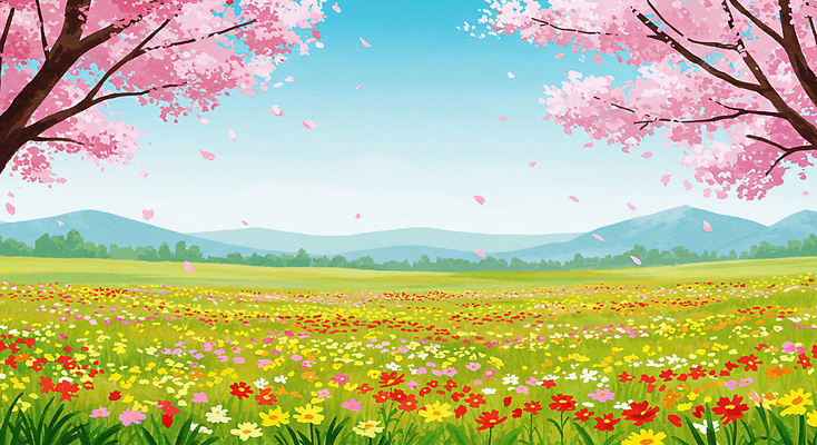 JPG 꽃잎 꽃밭 일러스트 하늘 잔디 초원 사람없음 봄풍경 들꽃 벚나무 산맥 흩날리기 국내일러스트 AI일러스트 AI콘텐츠 나무 식물 꽃 모션 산 풍경 봄 벚꽃 파일형식