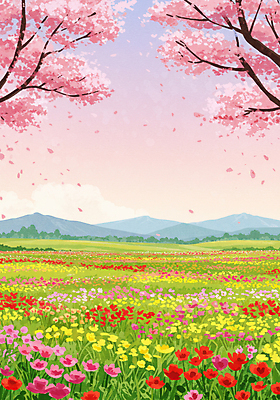 JPG 구름 꽃잎 꽃밭 일러스트 잔디 사람없음 봄풍경 들꽃 벚나무 산맥 흩날리기 국내일러스트 AI일러스트 AI콘텐츠 자연요소 나무 식물 꽃 모션 산 풍경 봄 벚꽃 파일형식