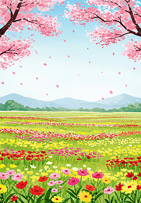 JPG 꽃잎 꽃밭 일러스트 하늘 잔디 사람없음 봄풍경 들꽃 벚나무 산맥 흩날리기 국내일러스트 AI일러스트 AI콘텐츠 나무 식물 꽃 모션 산 풍경 봄 벚꽃 파일형식