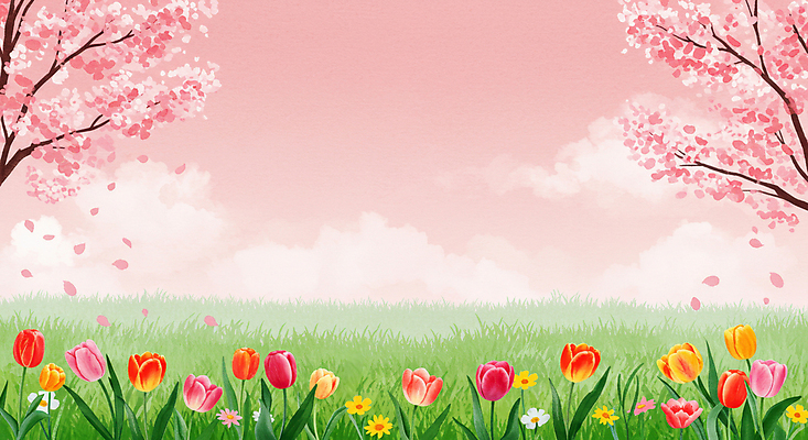 JPG 구름 꽃잎 분홍색 꽃밭 일러스트 하늘 잔디 사람없음 봄풍경 들꽃 튤립 벚나무 흩날리기 국내일러스트 AI일러스트 AI콘텐츠 자연요소 나무 식물 꽃 컬러 모션 풍경 봄 벚꽃 파일형식