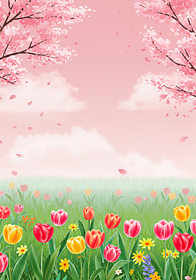 JPG 구름 꽃잎 분홍색 꽃밭 일러스트 하늘 잔디 초원 사람없음 봄풍경 들꽃 튤립 벚나무 흩날리기 국내일러스트 AI일러스트 AI콘텐츠 자연요소 나무 식물 꽃 컬러 모션 풍경 봄 벚꽃 파일형식