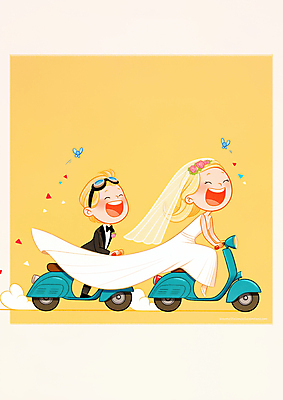 JPG 여자 남자 행복 신부 웨딩드레스 신랑 일러스트 고글 사랑 웃음 턱시도 성인 두명 노란색 운전 스쿠터 승차 즐거움 성인만 국내일러스트 AI일러스트 AI콘텐츠 드레스 감정 컬러 결혼 모션 표정 사람 정장 오토바이 파일형식