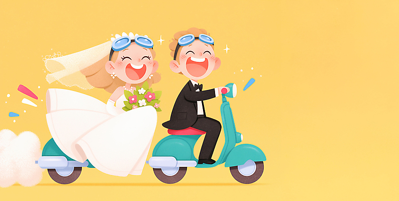 JPG 여자 남자 행복 신부 부케 웨딩드레스 신랑 일러스트 고글 사랑 웃음 턱시도 성인 두명 노란색 운전 스쿠터 승차 즐거움 성인만 국내일러스트 AI일러스트 AI콘텐츠 드레스 감정 컬러 꽃다발 결혼 모션 표정 사람 정장 오토바이 파일형식