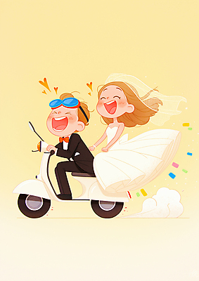 JPG 여자 남자 행복 신부 웨딩드레스 신랑 일러스트 고글 사랑 웃음 턱시도 성인 두명 노란색 운전 스쿠터 승차 즐거움 성인만 국내일러스트 AI일러스트 AI콘텐츠 드레스 감정 컬러 결혼 모션 표정 사람 정장 오토바이 파일형식