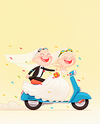 JPG 여자 남자 행복 신부 부케 웨딩드레스 신랑 일러스트 고글 사랑 웃음 턱시도 성인 두명 노란색 운전 스쿠터 승차 즐거움 성인만 국내일러스트 AI일러스트 AI콘텐츠 드레스 감정 컬러 꽃다발 결혼 모션 표정 사람 정장 오토바이 파일형식