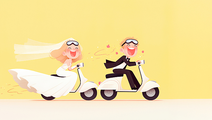 JPG 여자 남자 행복 신부 웨딩드레스 신랑 일러스트 고글 사랑 웃음 턱시도 성인 두명 노란색 운전 스쿠터 승차 즐거움 성인만 국내일러스트 AI일러스트 AI콘텐츠 드레스 감정 컬러 결혼 모션 표정 사람 정장 오토바이 파일형식