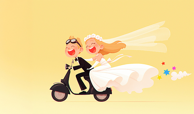 JPG 여자 남자 행복 신부 웨딩드레스 신랑 일러스트 고글 사랑 웃음 턱시도 성인 두명 노란색 운전 스쿠터 승차 즐거움 성인만 국내일러스트 AI일러스트 AI콘텐츠 드레스 감정 컬러 결혼 모션 표정 사람 정장 오토바이 파일형식