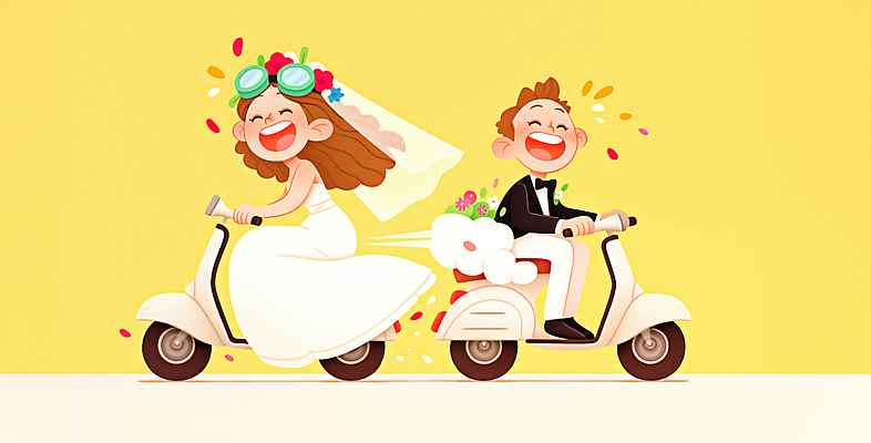 JPG 여자 남자 행복 신부 웨딩드레스 신랑 일러스트 사랑 웃음 턱시도 성인 두명 노란색 운전 스쿠터 승차 즐거움 성인만 국내일러스트 AI일러스트 AI콘텐츠 드레스 감정 컬러 결혼 모션 표정 사람 정장 오토바이 파일형식