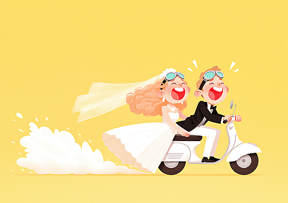 JPG 여자 남자 행복 신부 웨딩드레스 신랑 일러스트 고글 사랑 웃음 턱시도 성인 두명 노란색 운전 스쿠터 승차 즐거움 성인만 국내일러스트 AI일러스트 AI콘텐츠 드레스 감정 컬러 결혼 모션 표정 사람 정장 오토바이 파일형식