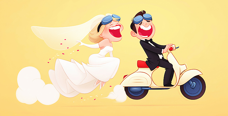 JPG 여자 남자 행복 신부 웨딩드레스 신랑 일러스트 고글 사랑 웃음 턱시도 성인 두명 노란색 운전 스쿠터 승차 즐거움 성인만 국내일러스트 AI일러스트 AI콘텐츠 드레스 감정 컬러 결혼 모션 표정 사람 정장 오토바이 파일형식