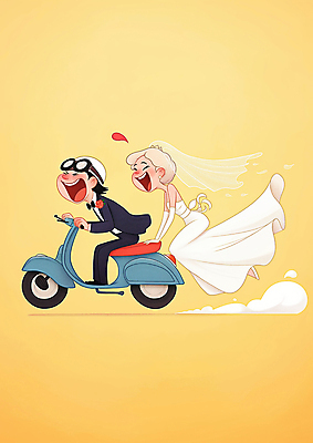 JPG 여자 남자 행복 신부 웨딩드레스 신랑 일러스트 고글 사랑 웃음 턱시도 성인 두명 노란색 운전 스쿠터 승차 즐거움 성인만 국내일러스트 AI일러스트 AI콘텐츠 드레스 감정 컬러 결혼 모션 표정 사람 정장 오토바이 파일형식