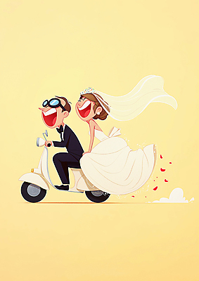 JPG 여자 남자 행복 신부 웨딩드레스 신랑 일러스트 고글 사랑 웃음 턱시도 성인 두명 노란색 운전 스쿠터 승차 즐거움 성인만 국내일러스트 AI일러스트 AI콘텐츠 드레스 감정 컬러 결혼 모션 표정 사람 정장 오토바이 파일형식