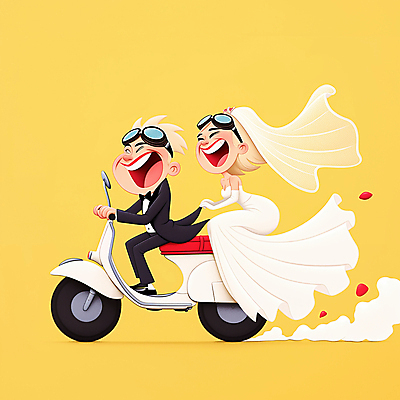JPG 여자 남자 행복 신부 웨딩드레스 신랑 일러스트 고글 사랑 웃음 턱시도 성인 두명 노란색 운전 스쿠터 승차 즐거움 성인만 국내일러스트 AI일러스트 AI콘텐츠 드레스 감정 컬러 결혼 모션 표정 사람 정장 오토바이 파일형식