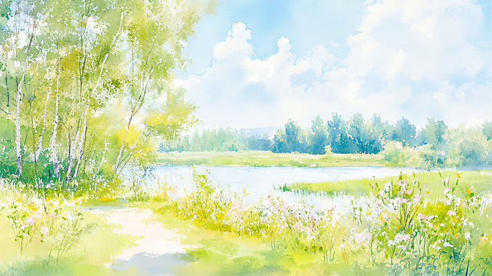JPG 나무 구름 꽃 길 일러스트 자연 하늘 초원 사람없음 연두색 강 평화 봄풍경 잡초 숲 그늘 국내일러스트 AI일러스트 AI콘텐츠 자연요소 식물 컨셉 풍경 초록색 봄 생태계 파일형식