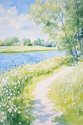 JPG 나무 구름 꽃 길 일러스트 자연 하늘 초원 사람없음 연두색 강 평화 봄풍경 잡초 숲 그늘 국내일러스트 AI일러스트 AI콘텐츠 자연요소 식물 컨셉 풍경 초록색 봄 생태계 파일형식