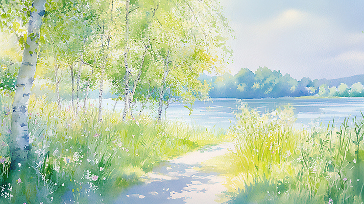 JPG 나무 구름 꽃 길 일러스트 자연 하늘 초원 사람없음 연두색 강 평화 봄풍경 잡초 숲 그늘 국내일러스트 AI일러스트 AI콘텐츠 자연요소 식물 컨셉 풍경 초록색 봄 생태계 파일형식