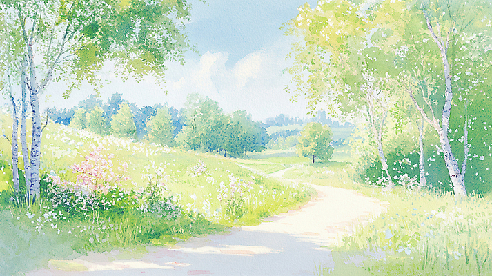 JPG 나무 구름 꽃 길 일러스트 자연 하늘 초원 사람없음 연두색 강 평화 봄풍경 잡초 숲 그늘 국내일러스트 AI일러스트 AI콘텐츠 자연요소 식물 컨셉 풍경 초록색 봄 생태계 파일형식