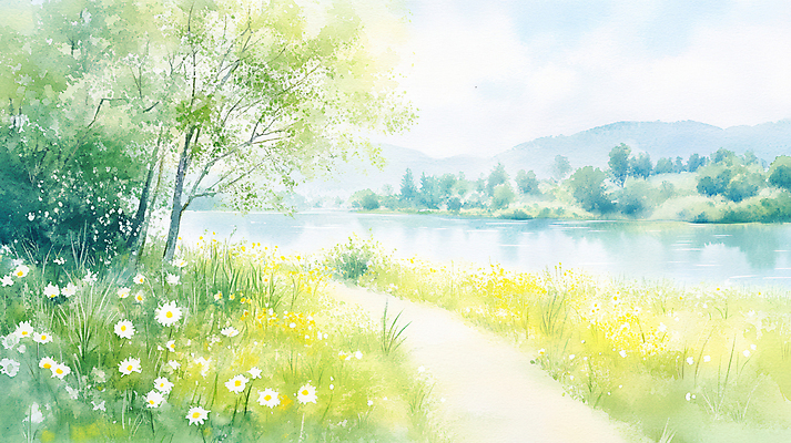 JPG 나무 구름 꽃 길 일러스트 자연 하늘 초원 사람없음 연두색 강 평화 봄풍경 잡초 숲 국내일러스트 AI일러스트 AI콘텐츠 자연요소 식물 컨셉 풍경 초록색 봄 생태계 파일형식