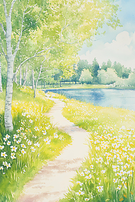 JPG 나무 구름 꽃 길 일러스트 자연 하늘 초원 사람없음 연두색 강 평화 봄풍경 잡초 숲 그늘 국내일러스트 AI일러스트 AI콘텐츠 자연요소 식물 컨셉 풍경 초록색 봄 생태계 파일형식