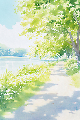 JPG 나무 구름 꽃 길 일러스트 자연 하늘 초원 사람없음 연두색 강 평화 봄풍경 잡초 숲 그늘 국내일러스트 AI일러스트 AI콘텐츠 자연요소 식물 컨셉 풍경 초록색 봄 생태계 파일형식