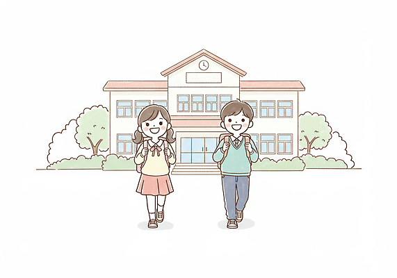 JPG 전신 나무 여자 남자 초등학생 어린이 일러스트 색연필 책가방 초등학교 미소 소녀 소년 두명 걷기 등교 손그림 어린이만 국내일러스트 AI일러스트 AI콘텐츠 식물 학생 가방 학교 모션 학용품 표정 사람 등하교 파일형식