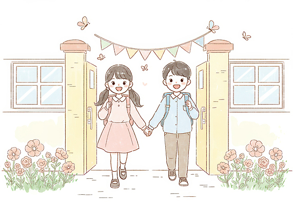 JPG 전신 여자 남자 꽃 초등학생 어린이 나비 일러스트 색연필 책가방 초등학교 미소 소녀 소년 두명 걷기 손잡기 등교 손그림 가랜드 정문 어린이만 국내일러스트 AI일러스트 AI콘텐츠 식물 학생 곤충 가방 학교 모션 학용품 표정 사람 문 파티용품 등하교 파일형식