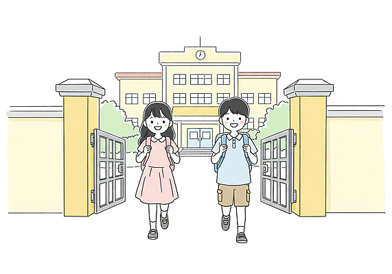 JPG 전신 여자 남자 초등학생 어린이 일러스트 색연필 책가방 초등학교 미소 소녀 소년 두명 걷기 풀 등교 손그림 정문 어린이만 국내일러스트 AI일러스트 AI콘텐츠 식물 학생 가방 학교 모션 학용품 표정 사람 문 등하교 파일형식