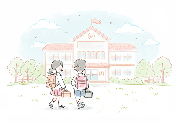 JPG 전신 나무 구름 여자 남자 초등학생 어린이 일러스트 하늘 색연필 책가방 초등학교 미소 들기 소녀 소년 두명 걷기 등교 손그림 나무울타리 어린이만 국내일러스트 AI일러스트 AI콘텐츠 자연요소 식물 학생 가방 학교 모션 학용품 표정 사람 울타리 등하교 파일형식