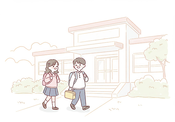JPG 전신 나무 구름 여자 남자 초등학생 어린이 일러스트 색연필 책가방 초등학교 미소 들기 소녀 소년 두명 걷기 풀 등교 손그림 어린이만 국내일러스트 AI일러스트 AI콘텐츠 자연요소 식물 학생 가방 학교 모션 학용품 표정 사람 등하교 파일형식