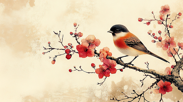 JPG 한마리 꽃 일러스트 조류 수채화 사람없음 봄 나뭇가지 먹 민화 베이지색 국내일러스트 AI일러스트 AI콘텐츠 나무 식물 동물 1 계절 컬러 서예 그림 파일형식