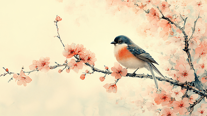 JPG 한마리 꽃 일러스트 조류 수채화 사람없음 봄 나뭇가지 먹 민화 베이지색 국내일러스트 AI일러스트 AI콘텐츠 나무 식물 동물 1 계절 컬러 서예 그림 파일형식
