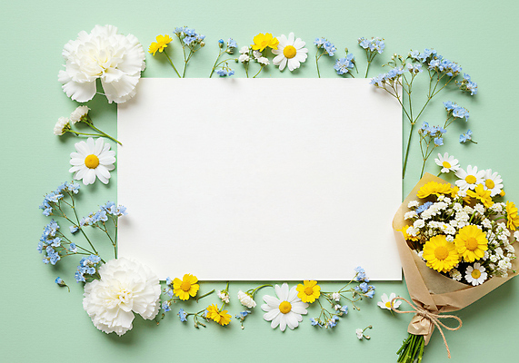 JPG 편집이미지 기념일 꽃잎 리본 종이 꽃다발 사람없음 초록색 감사 꽃프레임 카피스페이스 편집실사 AI포토 AI콘텐츠 꽃 감정 컬러 프레임 이벤트 공백 CG 파일형식