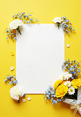 JPG 편집이미지 기념일 꽃잎 리본 종이 꽃다발 사람없음 노란색 감사 꽃프레임 카피스페이스 편집실사 AI포토 AI콘텐츠 꽃 감정 컬러 프레임 이벤트 공백 CG 파일형식