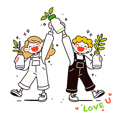 전신 PSD 식물 여자 남자 화분 어린이 일러스트 웃음 들기 소녀 소년 두명 반짝임 자연보호 앞치마 다리들기 어린이만 세계환경의날 환경기념일 일러캐릭터 캐릭터 기념일 모션 자연 표정 사람 환경 보호 파일형식 법정기념일