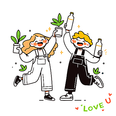 전신 PSD 식물 여자 남자 화분 어린이 일러스트 웃음 들기 소녀 소년 두명 반짝임 자연보호 앞치마 물병 다리들기 어린이만 세계환경의날 환경기념일 일러캐릭터 캐릭터 기념일 모션 자연 표정 사람 환경 보호 물통 파일형식 법정기념일