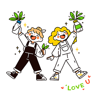 전신 PSD 식물 여자 화분 어린이 일러스트 웃음 들기 소녀 두명 반짝임 자연보호 앞치마 다리들기 소녀만 세계환경의날 환경기념일 일러캐릭터 캐릭터 기념일 모션 자연 표정 사람 환경 보호 여자만 어린이만 파일형식 법정기념일