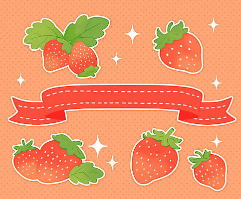 PSD 스티커 잎 일러스트 딸기 사람없음 빨간색 반짝임 라벨 엘리먼트 딸기잎 국내일러스트 식물 컬러 과일 모션 프레임 파일형식