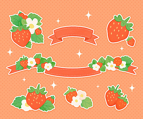 PSD 스티커 잎 일러스트 딸기 사람없음 빨간색 반짝임 라벨 딸기꽃 엘리먼트 딸기잎 국내일러스트 식물 꽃 컬러 과일 모션 프레임 파일형식
