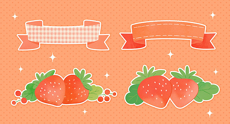 PSD 스티커 잎 일러스트 딸기 사람없음 빨간색 반짝임 라벨 체크무늬 엘리먼트 딸기잎 국내일러스트 식물 컬러 무늬 과일 모션 프레임 파일형식