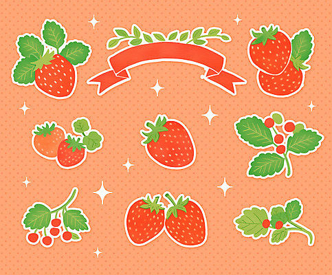 PSD 스티커 잎 일러스트 딸기 사람없음 빨간색 반짝임 라벨 엘리먼트 딸기잎 국내일러스트 식물 컬러 과일 모션 프레임 파일형식