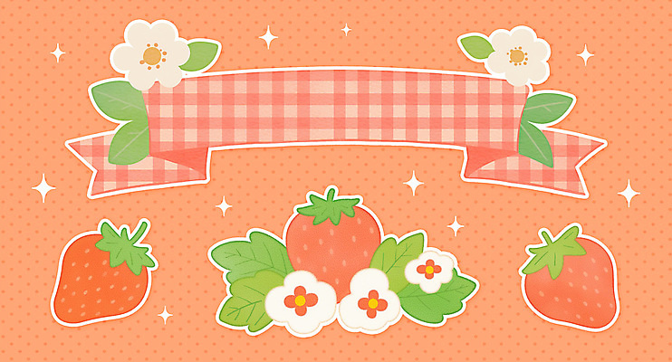 PSD 스티커 잎 일러스트 딸기 사람없음 빨간색 반짝임 라벨 체크무늬 딸기꽃 엘리먼트 딸기잎 국내일러스트 식물 꽃 컬러 무늬 과일 모션 프레임 파일형식