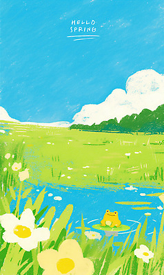 PSD 나무 구름 꽃 일러스트 하늘 개구리 풍경 잔디 사람없음 봄풍경 연못 풀잎 연잎 감성 경칩 초봄 국내일러스트 자연요소 식물 컨셉 잎 양서류 봄 풀_식물 절기 파일형식