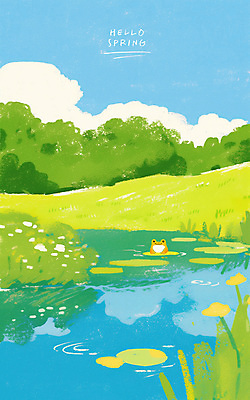 PSD 나무 구름 일러스트 하늘 개구리 풍경 잔디 사람없음 반사 봄풍경 연못 풀잎 연잎 감성 경칩 초봄 국내일러스트 자연요소 식물 컨셉 잎 양서류 봄 풀_식물 절기 파일형식