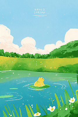 PSD 나무 구름 꽃 일러스트 하늘 개구리 풍경 잔디 사람없음 봄풍경 연못 풀잎 연잎 감성 경칩 초봄 국내일러스트 자연요소 식물 컨셉 잎 양서류 봄 풀_식물 절기 파일형식