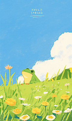 PSD 구름 꽃 일러스트 하늘 개구리 풍경 사람없음 봄풍경 풀잎 감성 경칩 초봄 국내일러스트 자연요소 식물 컨셉 잎 양서류 봄 풀_식물 절기 파일형식