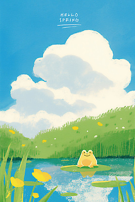 PSD 구름 꽃 일러스트 개구리 풍경 사람없음 봄풍경 연못 풀잎 연잎 감성 경칩 초봄 국내일러스트 자연요소 식물 컨셉 잎 양서류 봄 풀_식물 절기 파일형식