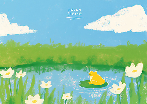 PSD 구름 꽃 일러스트 개구리 풍경 사람없음 봄풍경 연못 풀잎 연잎 감성 경칩 초봄 국내일러스트 자연요소 식물 컨셉 잎 양서류 봄 풀_식물 절기 파일형식
