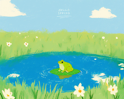 PSD 구름 꽃 일러스트 하늘 개구리 풍경 잔디 사람없음 봄풍경 연못 풀잎 연잎 감성 경칩 초봄 국내일러스트 자연요소 식물 컨셉 잎 양서류 봄 풀_식물 절기 파일형식